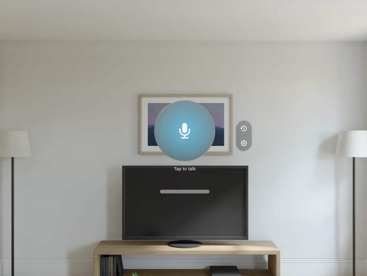 VisionSpeech Orb style on Apple Vision Pro — a small glowing blue orb with a microphone, labeled Tap to talk, floating above a desk.