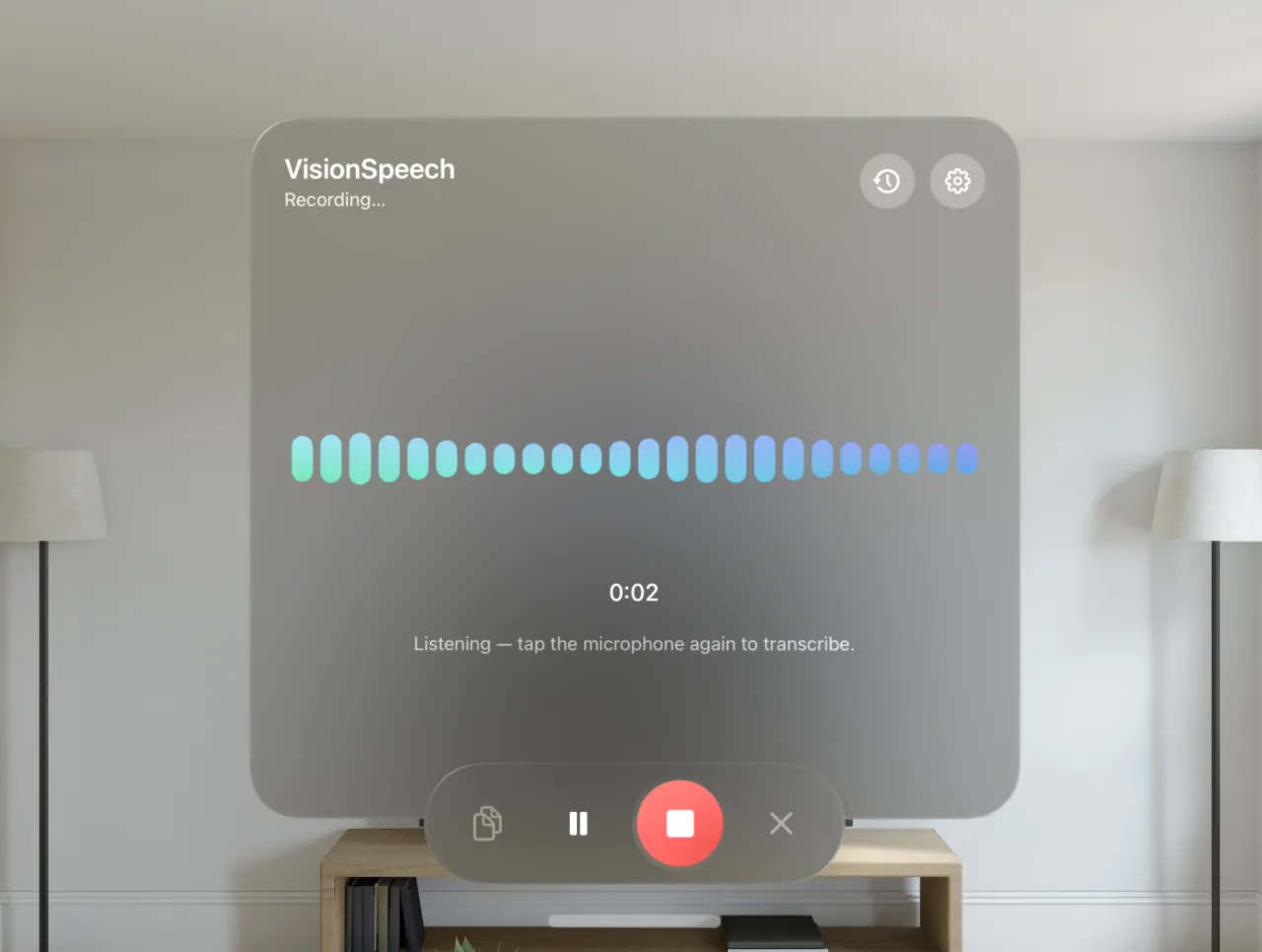 VisionSpeech Studio style on Apple Vision Pro — an editable transcript with a live waveform and recording controls, floating in a living room.